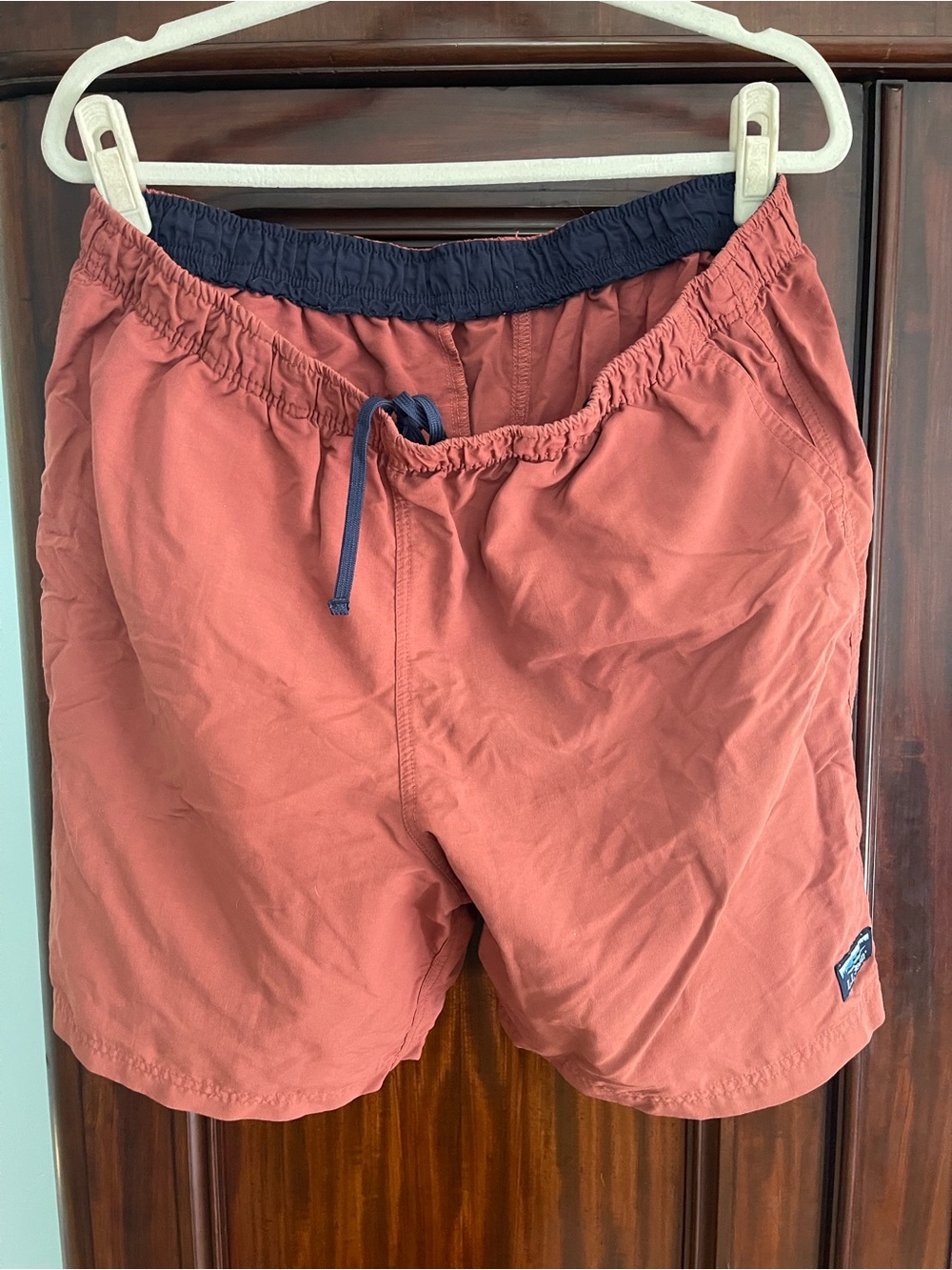 L.L. Bean Men's Swim Trunks in Rust with Navy Waistband